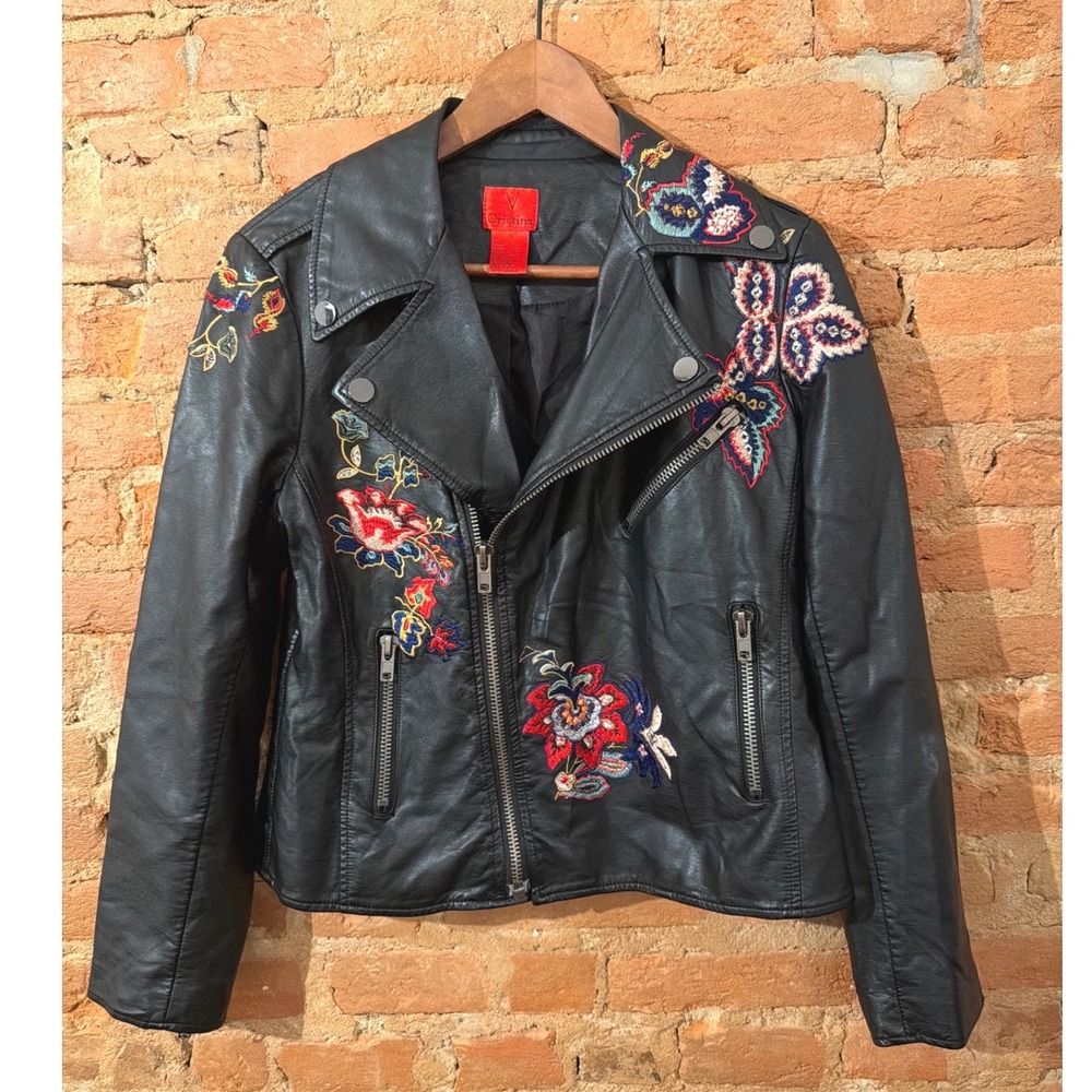 V Cristina Womens Black Faux Leather Floral Embroidered Moto Biker Jacket Size M - Picture 2 of 6